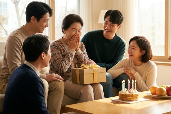 생신날 자녀의 깜짝 선물을 받아 환하게 웃는 60대 한국 엄마와 가족이 모인 거실