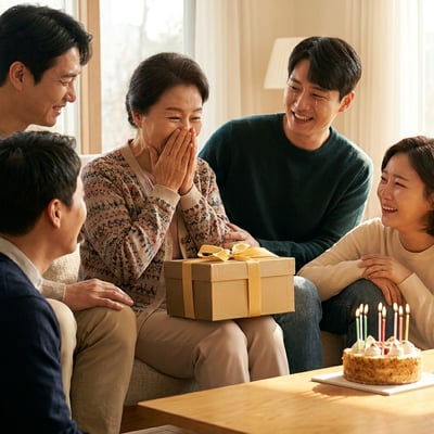 생신날 자녀의 깜짝 선물을 받아 환하게 웃는 60대 한국 엄마와 가족이 모인 거실