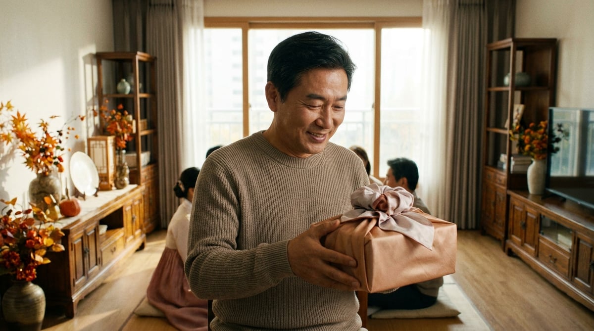따뜻한 분위기의 거실에서 50~60대 한국인 아버지가 단정한 니트 차림으로 전통 보자기 포장의 추석 선물을 들고 은은하고 인자한 미소를 짓고 있는 감성적인 라이프스타일 사진입니다.
