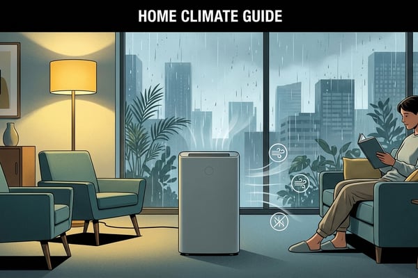 비가 내리는 창가 옆, 모던하고 쾌적한 거실에 놓인 미니멀한 디자인의 제습기를 표현한 세련된 에디토리얼 일러스트