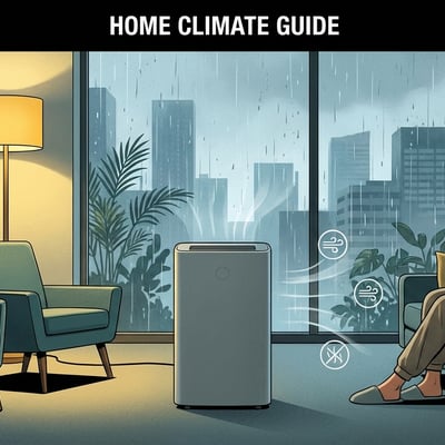 비가 내리는 창가 옆, 모던하고 쾌적한 거실에 놓인 미니멀한 디자인의 제습기를 표현한 세련된 에디토리얼 일러스트