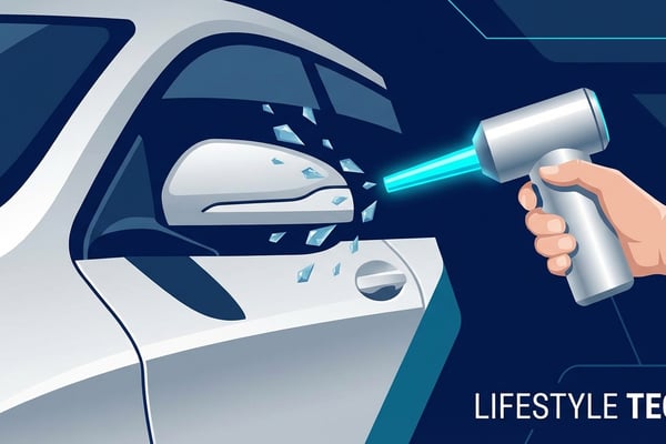 세련된 차량의 사이드미러 틈새에서 무선 에어건으로 물방울을 날려 보내는 역동적이고 프로페셔널한 에디토리얼 일러스트