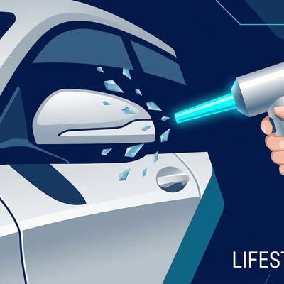 세련된 차량의 사이드미러 틈새에서 무선 에어건으로 물방울을 날려 보내는 역동적이고 프로페셔널한 에디토리얼 일러스트