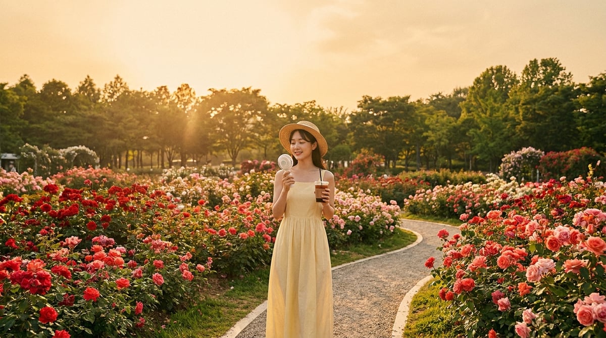 5월 장미정원을 걷는 여성, 손풍기를 들고 있는 모습