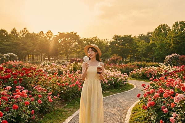 5월 장미정원을 걷는 여성, 손풍기를 들고 있는 모습