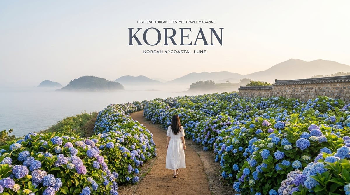 6월 수국 로드트립 — 해안 수국길을 걷는 여성