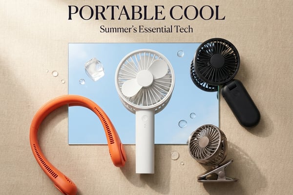 손풍기 4종 플랫레이 — 미니 핸디, 넥밴드, 폴더블, 클립팬