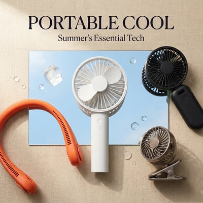 손풍기 4종 플랫레이 — 미니 핸디, 넥밴드, 폴더블, 클립팬