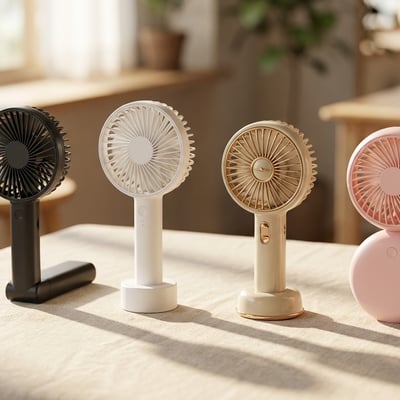 손풍기 추천 2026 — 다양한 휴대용 선풍기 4종 나란히 놓인 에디토리얼 컷