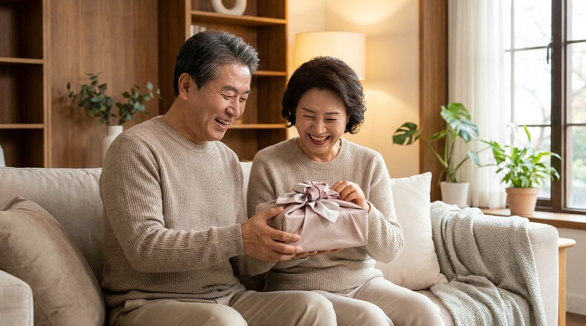 60대 한국인 장모님과 장인어른이 거실에 앉아 사위가 준비한 추석 선물을 받으며 환하게 웃고 있는 따뜻한 분위기의 라이프스타일 사진입니다.