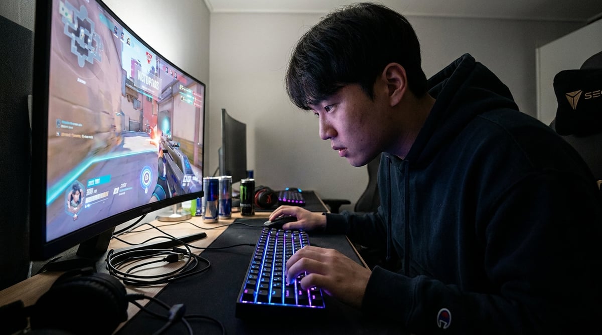 2030 한국인 게이머가 어두운 방에서 화려한 RGB 조명의 68키 미니 배열 자석축 키보드를 사용해 FPS 게임에 집중하고 있는 역동적인 모습입니다.