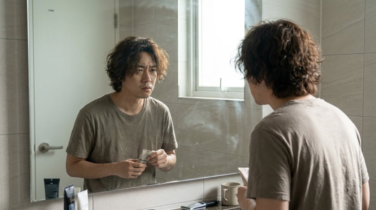 아침 거울 앞에서 부스스하게 뜬 파마머리를 보는 남성. 미용실 컬이 집에서는 나오지 않는 상황