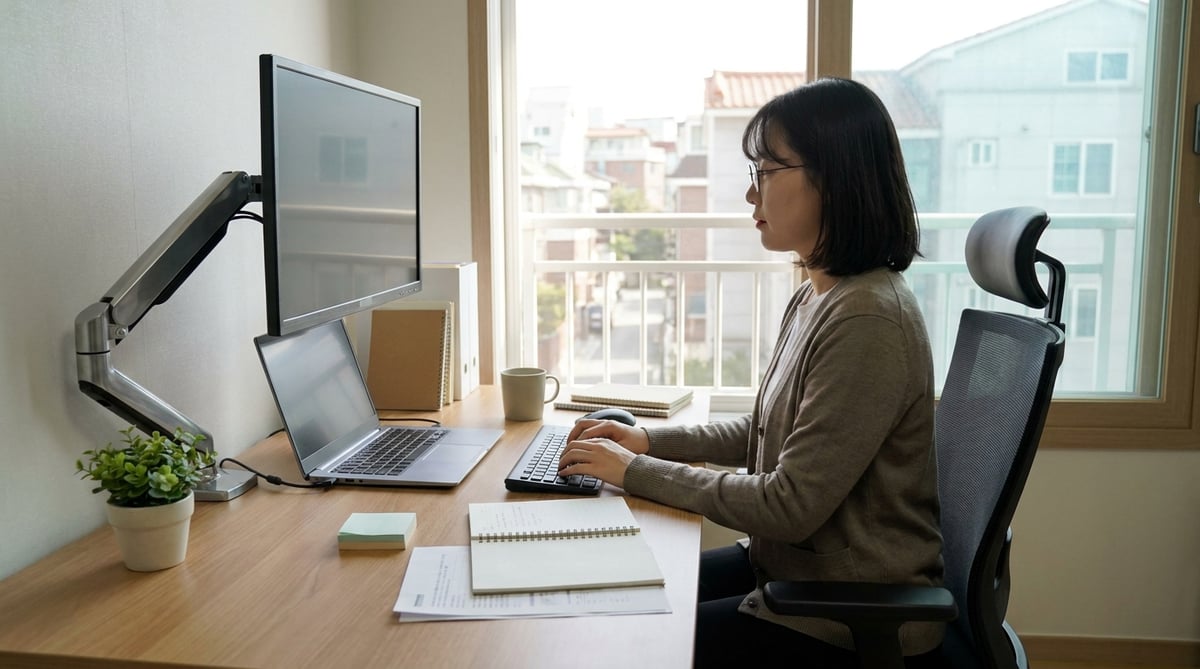 30~40대 한국인 직장인이 집 안의 홈 오피스 책상에 앉아 모니터암으로 눈높이에 맞춘 모니터를 보며 편안하고 바른 자세로 업무에 집중하고 있는 모습입니다.