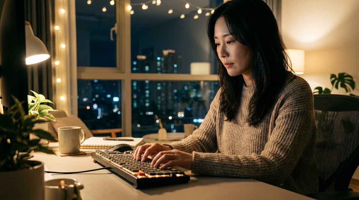 30대 한국인 직장인이 늦은 밤 사무실 책상에 앉아 무소음 키보드를 사용해 업무에 집중하고 있는 모습입니다. 타건 소음과 손끝 피로도가 적어 편안하고 여유로운 표정을 짓고 있습니다.