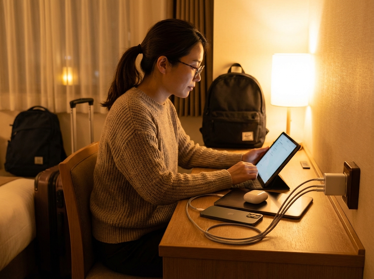 일본 호텔에서 GaN 충전기로 스마트폰, 에어팟, 태블릿을 동시에 충전하는 한국인 여성