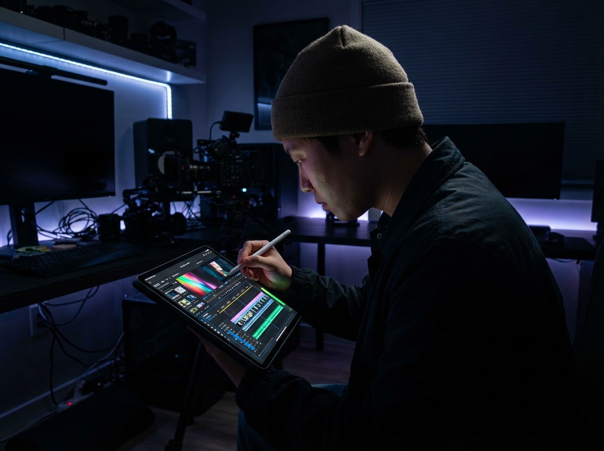 어두운 스튜디오에서 아이패드 프로 M4의 OLED 화면이 빛나는 가운데 영상 편집 작업 중인 크리에이터