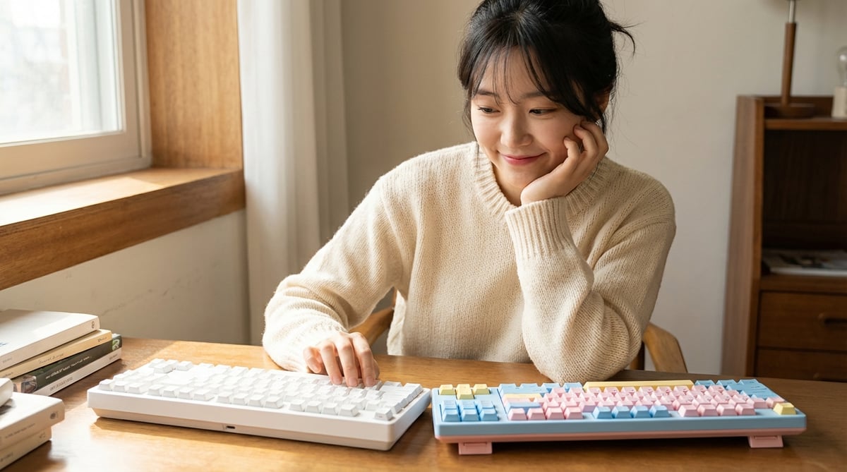 두 대의 기계식 키보드 사이에서 고민하는 여성