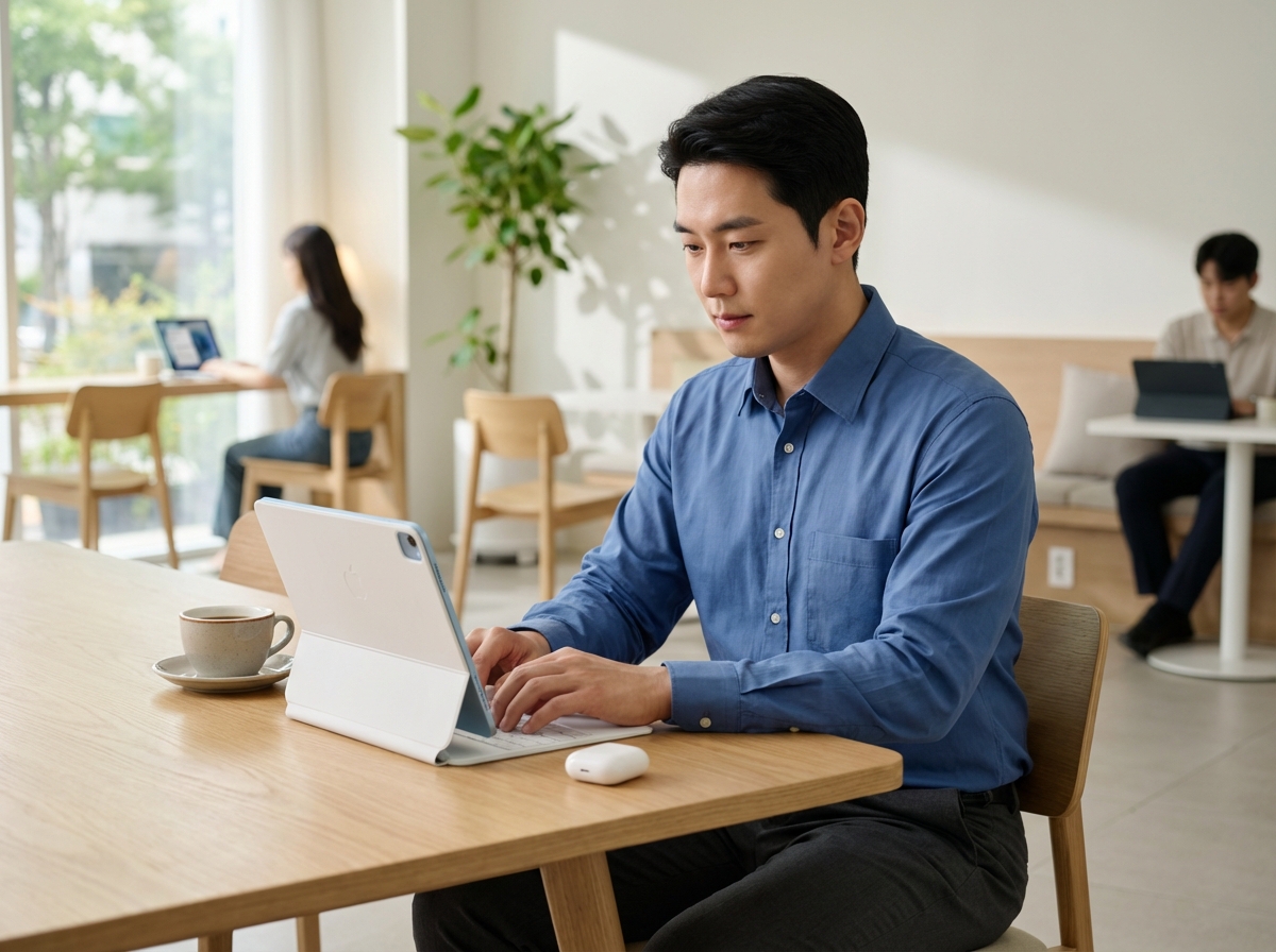 모던 카페에서 아이패드 에어 M4와 매직 키보드로 업무를 보고 있는 30대 한국인 남성 직장인