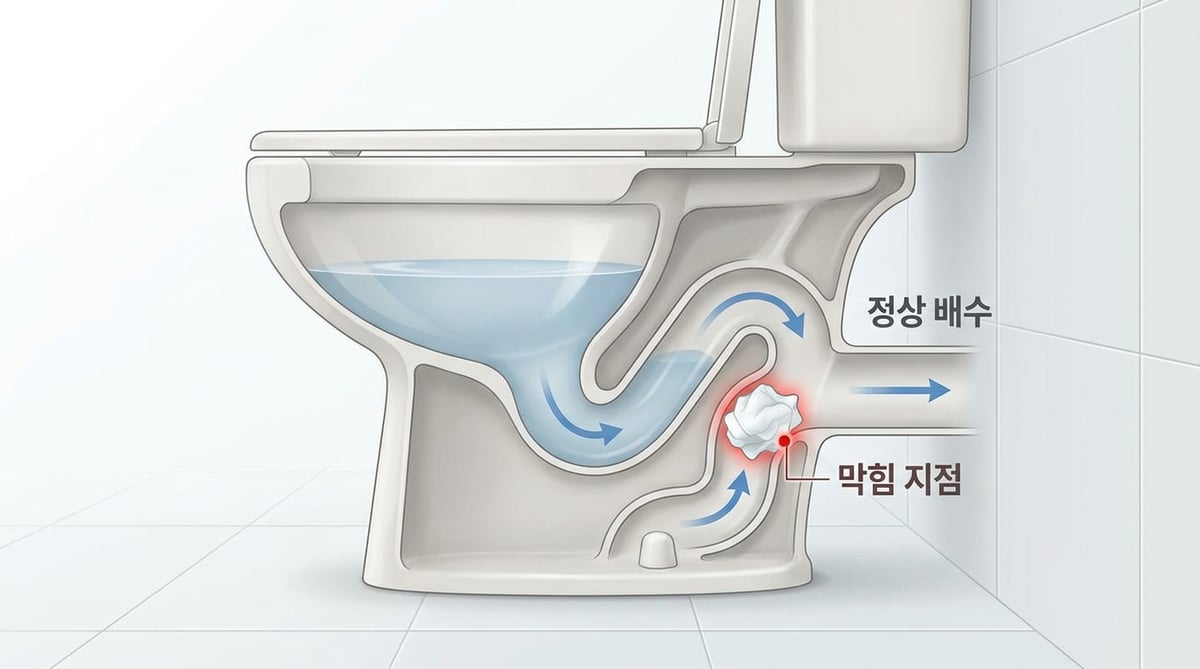 S자 트랩과 휴지가 걸리는 지점을 강조한 양변기 단면도