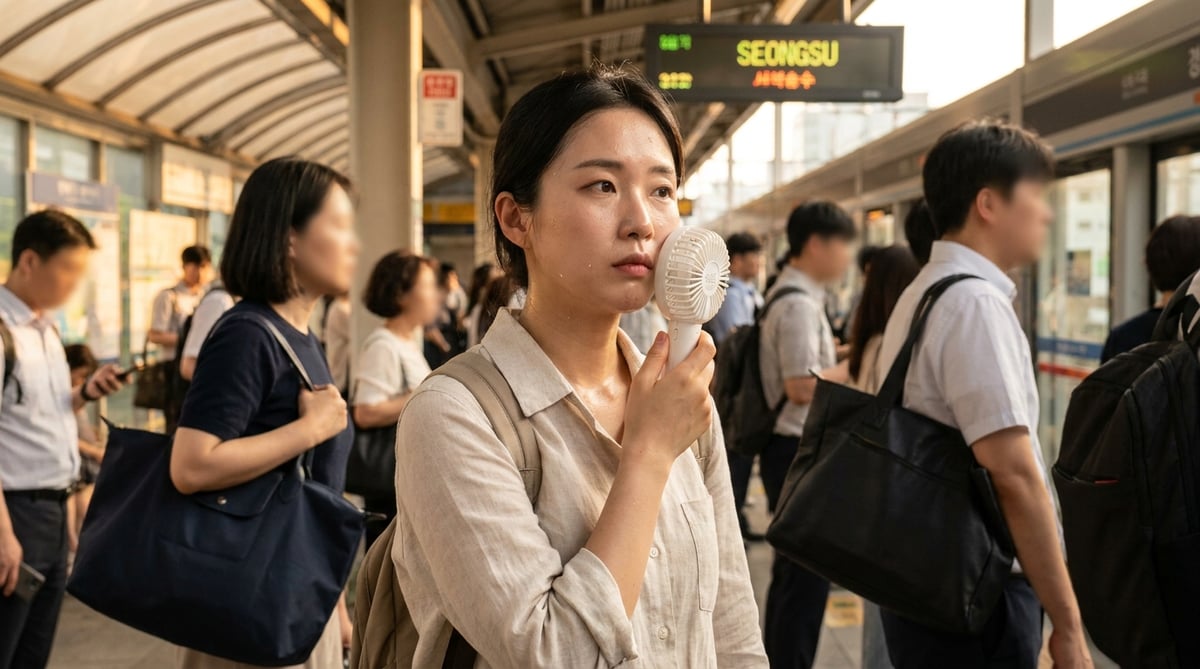 한여름 지하철 플랫폼에서 손풍기를 들고 있는 30대 여성