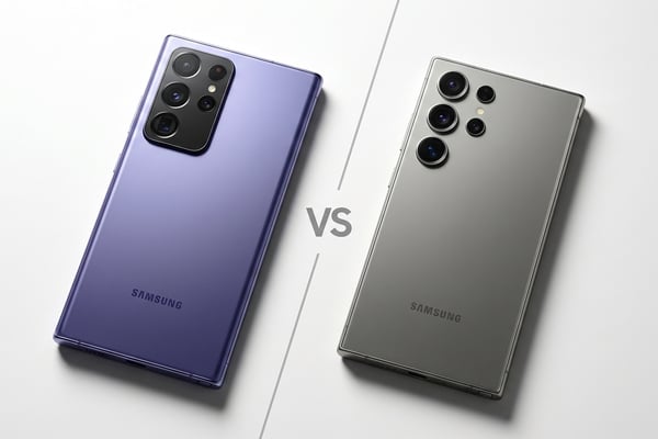 갤럭시 S26 Ultra 코발트 바이올렛과 S25 Ultra 티타늄 그레이가 흰 배경 위에 나란히 놓인 제품 비교 사진