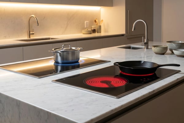 모던 한국 주방에 나란히 설치된 인덕션 쿡탑과 하이라이트 쿡탑, 인덕션 위에는 냄비가 올려져 있고 하이라이트는 붉은 열선이 보인다
