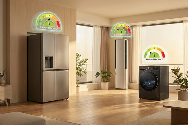 모던 한국 아파트 거실에 냉장고, 에어컨, 세탁기가 나란히 놓인 에디토리얼 사진, 각 가전 위에 에너지효율등급 라벨이 떠 있는 콘셉트 이미지