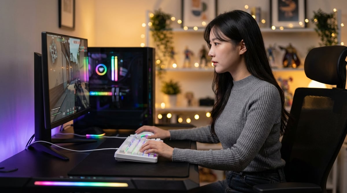 AULA 독거미 F108 Pro 풀배열 기계식 키보드로 게이밍하는 모습
