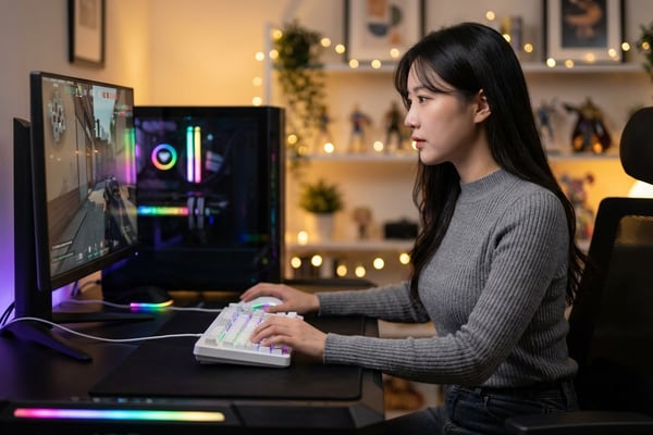 AULA 독거미 F108 Pro 풀배열 기계식 키보드로 게이밍하는 모습