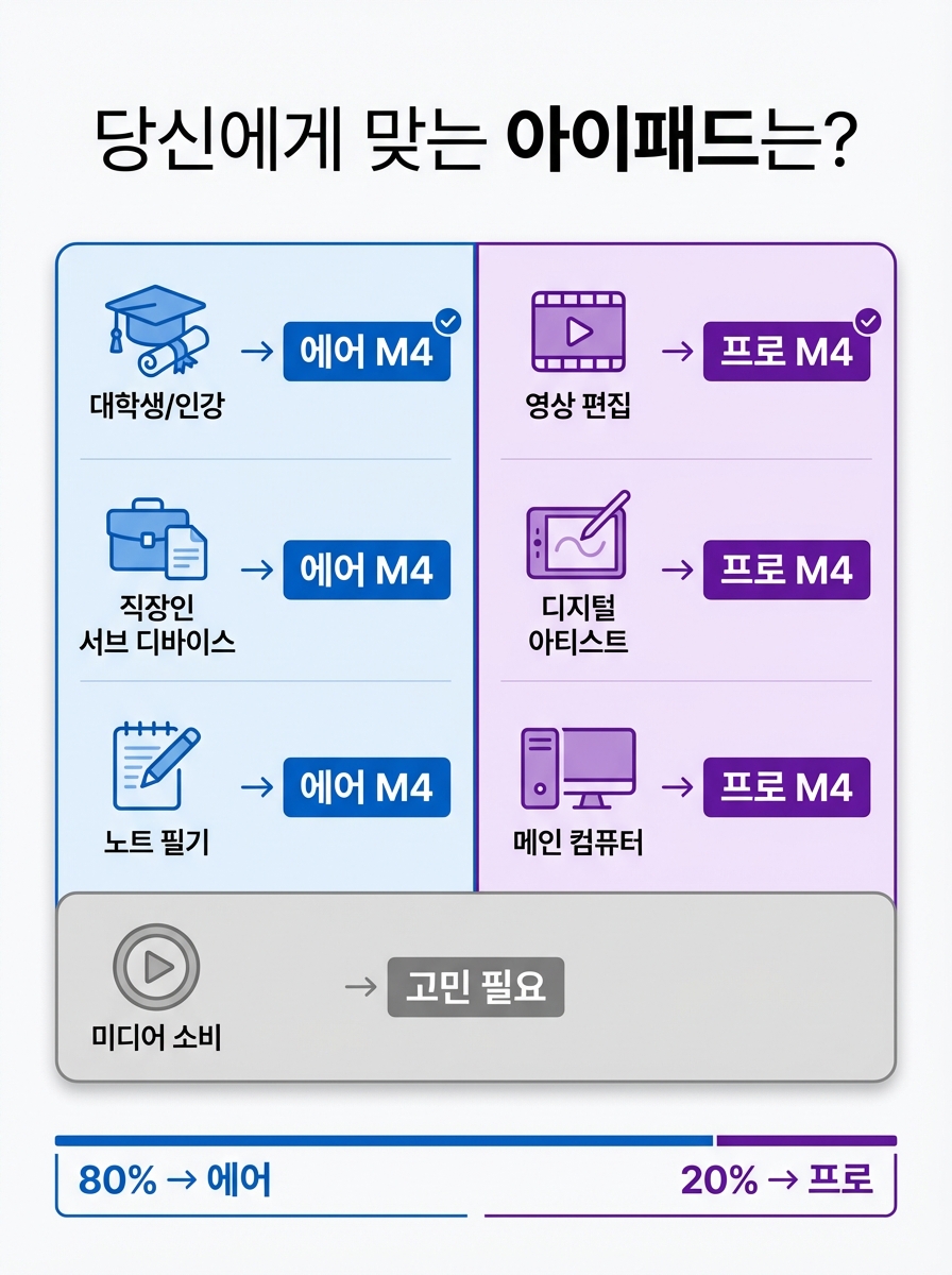 아이패드 에어 M4 vs 프로 M4 상황별 추천 의사결정 매트릭스 — 학생, 직장인, 크리에이터, 취미용 기준