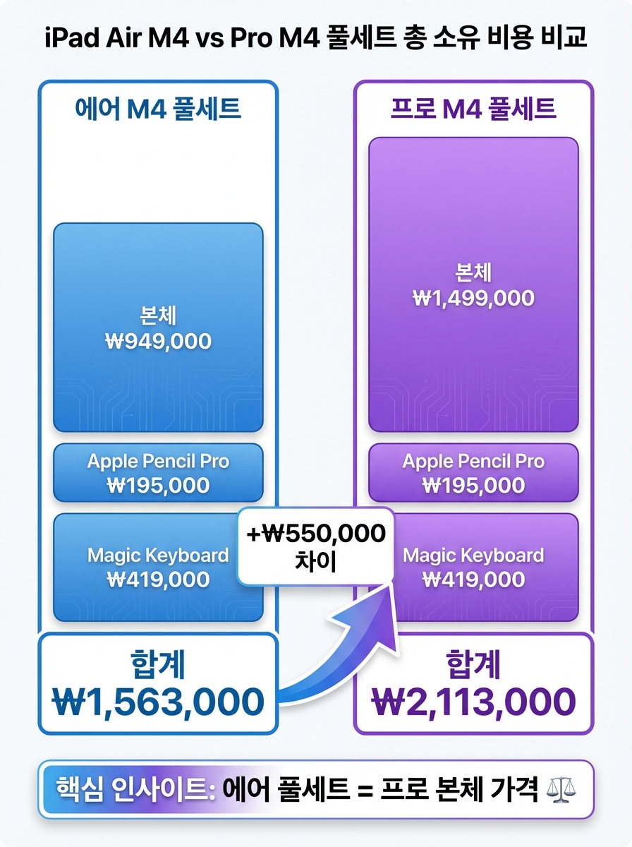 아이패드 에어 M4 풀세트(본체+키보드+펜슬) 156만원 vs 프로 M4 풀세트 211만원 가격 비교 인포그래픽