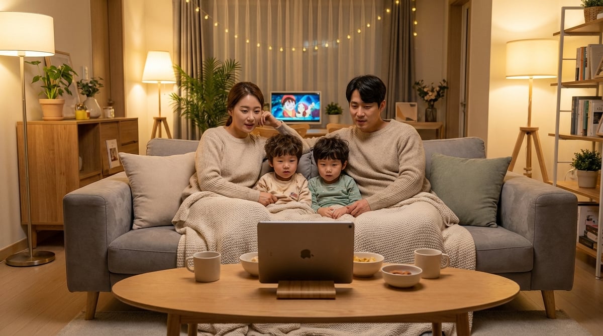 따뜻한 거실 소파에서 아이패드로 함께 OTT 영상을 시청하고 있는 한국인 가족