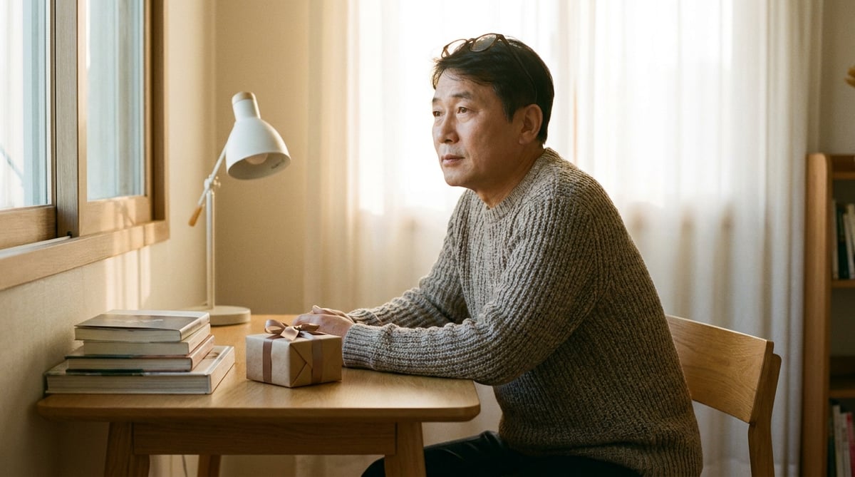 서재에서 선물을 받는 60대 한국 아빠, 독서등과 책이 있는 은퇴기 감성