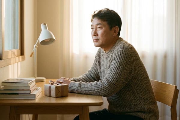 서재에서 선물을 받는 60대 한국 아빠, 독서등과 책이 있는 은퇴기 감성