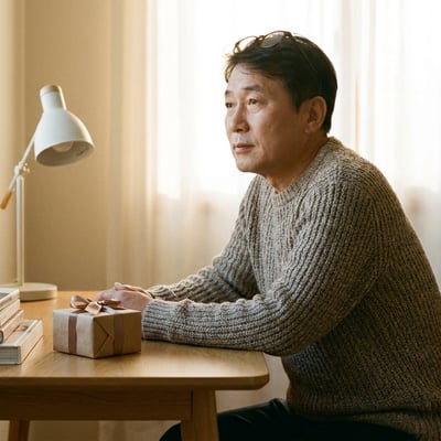 서재에서 선물을 받는 60대 한국 아빠, 독서등과 책이 있는 은퇴기 감성