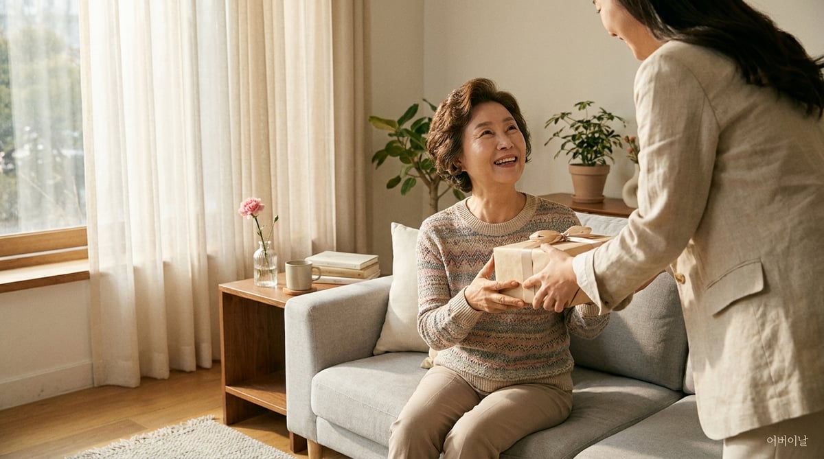 어버이날 엄마에게 선물 상자를 전하는 딸의 따뜻한 거실 장면, 60대 한국 엄마와 카네이션