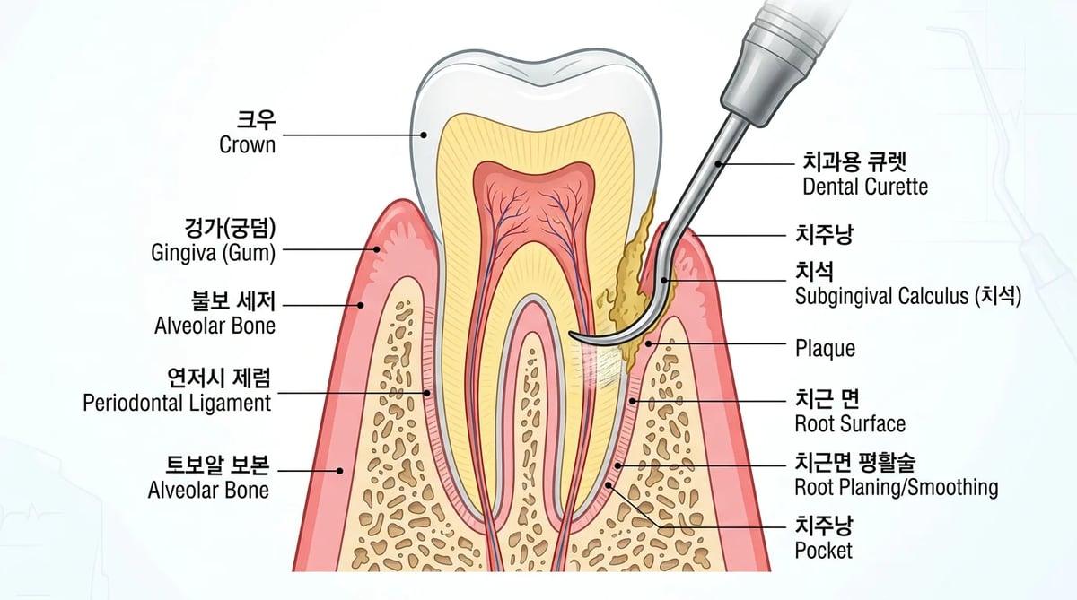 치근 활택술을 통해 치아 뿌리 표면의 치석을 제거하는 모습의 도식