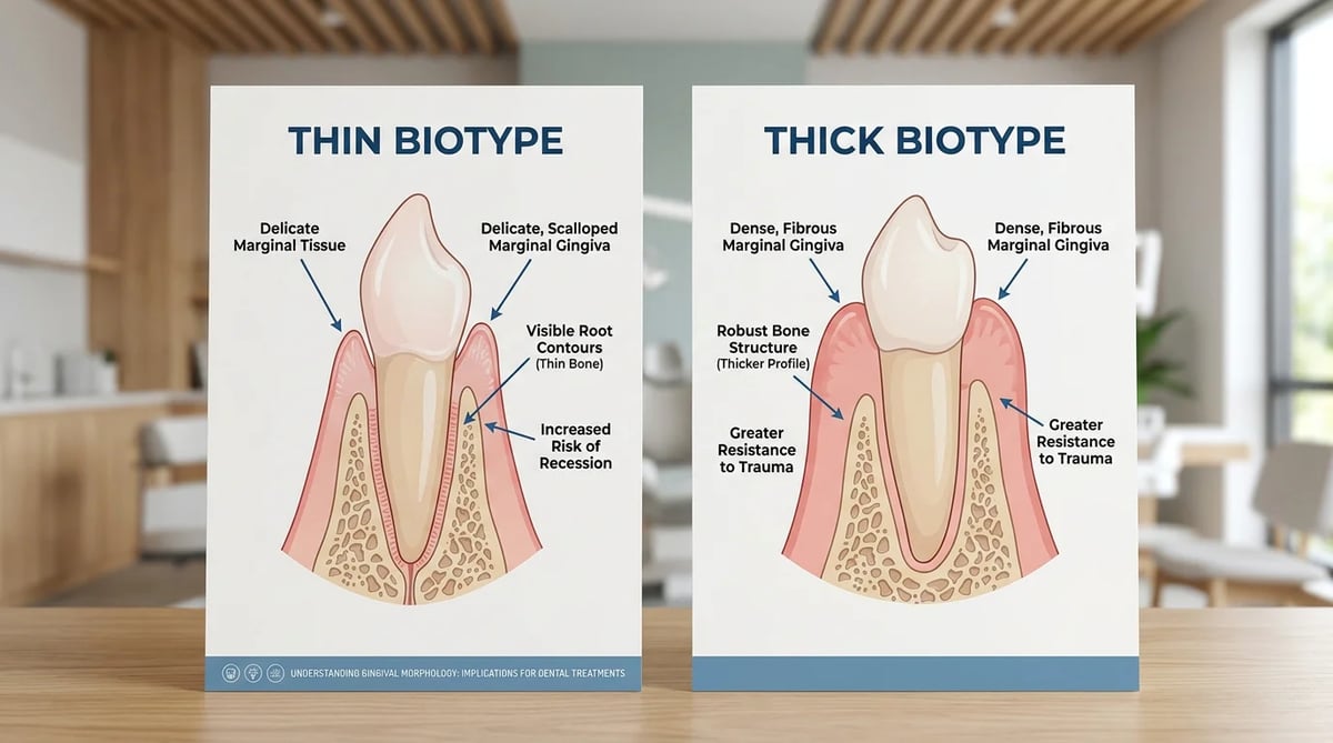 얇은 잇몸(thin biotype)과 두꺼운 잇몸(thick biotype) 생물형 비교 일러스트