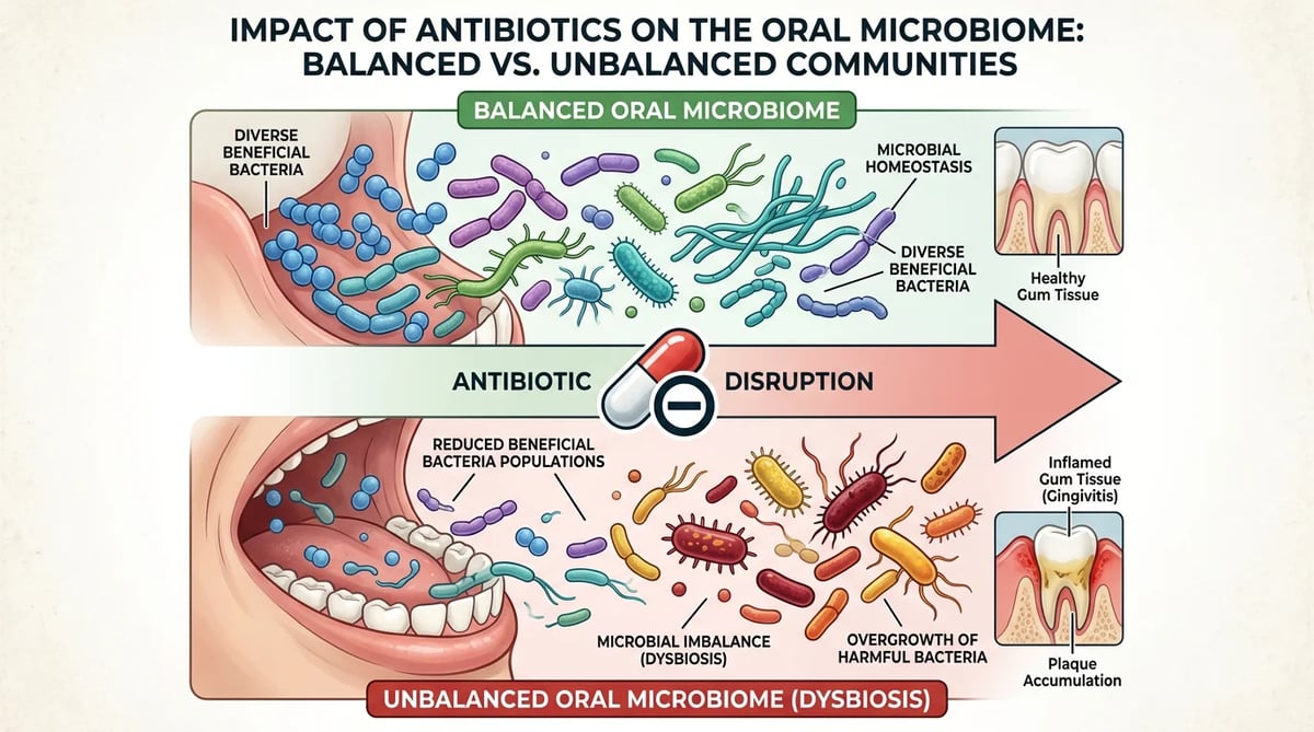 항생제 복용 전후 구강 마이크로바이옴 변화를 나타내는 다이어그램
