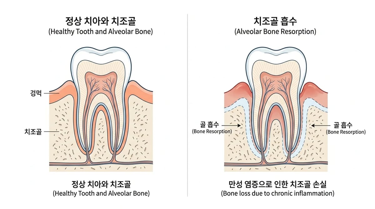 만성 염증으로 인한 치조골 흡수(뼈 손실) 과정 도식화