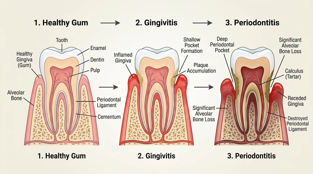 치은염에서 치주염으로 진행되는 치아와 잇몸뼈 해부도