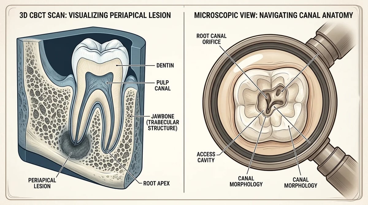 치근단 병소를 보여주는 CBCT 3차원 영상과 신경관을 확대하는 치과 미세현미경의 모습