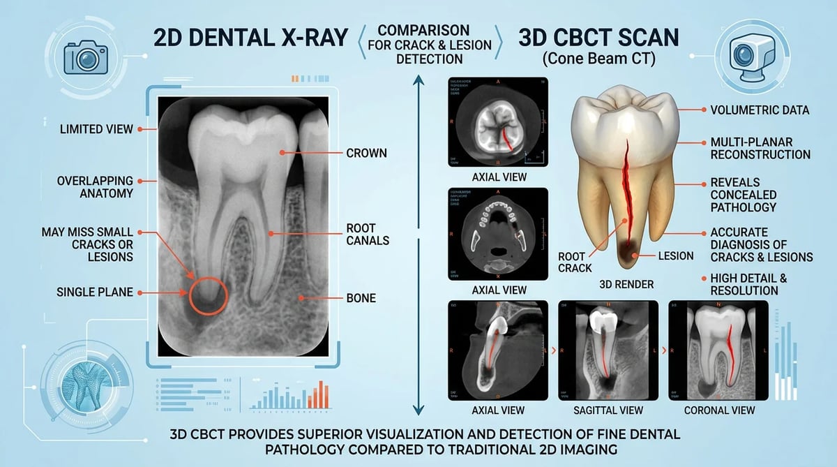 2D X-ray와 3D 치과 CBCT 이미지 비교 인포그래픽
