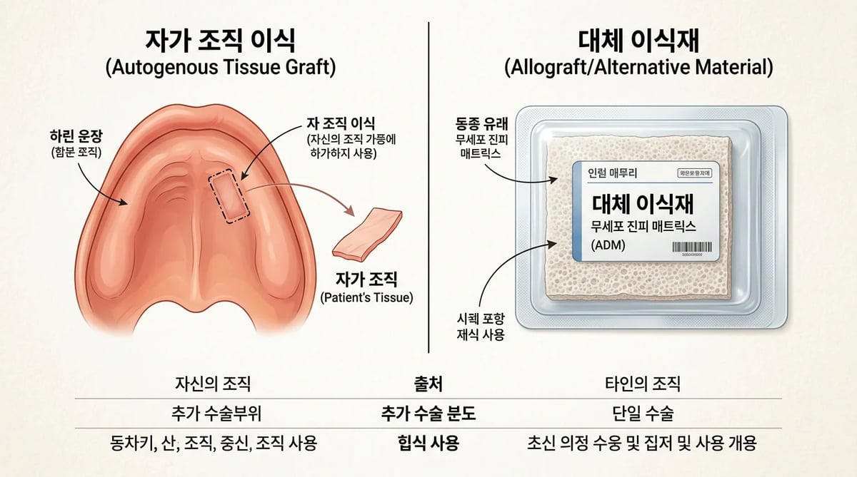 입천장 자가 조직 채취와 대체 이식재의 차이를 보여주는 개념도
