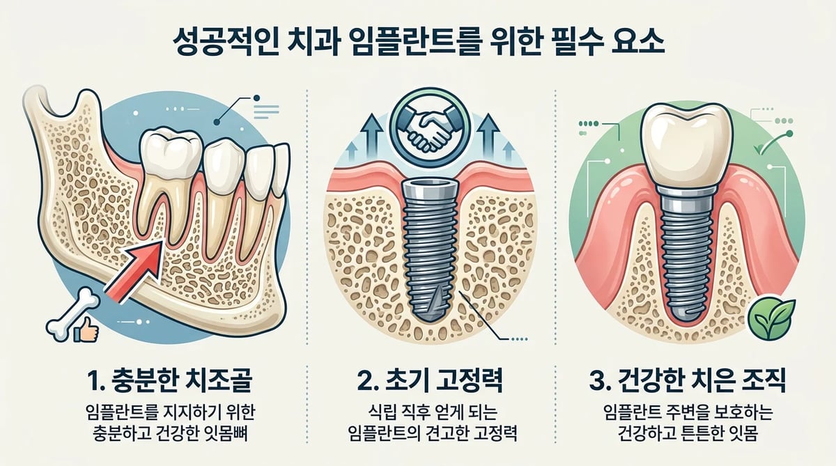 원데이 임플란트 성공을 위한 세 가지 조건: 치조골, 초기 고정력, 치은 조직 인포그래픽