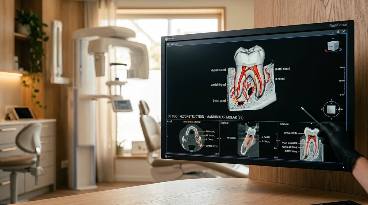 어금니의 3차원 신경관을 보여주는 치과용 콘빔 CT(CBCT) 이미지