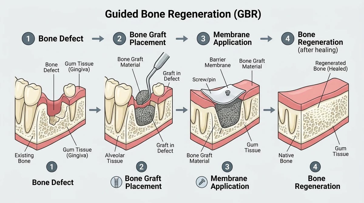 골유도재생술(GBR) 원리를 보여주는 인포그래픽: 골이식재와 차폐막 개념