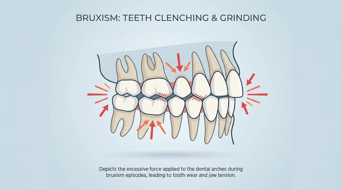 이갈이(Bruxism) 습관으로 인한 치아와 잇몸에 가해지는 압력을 나타내는 일러스트