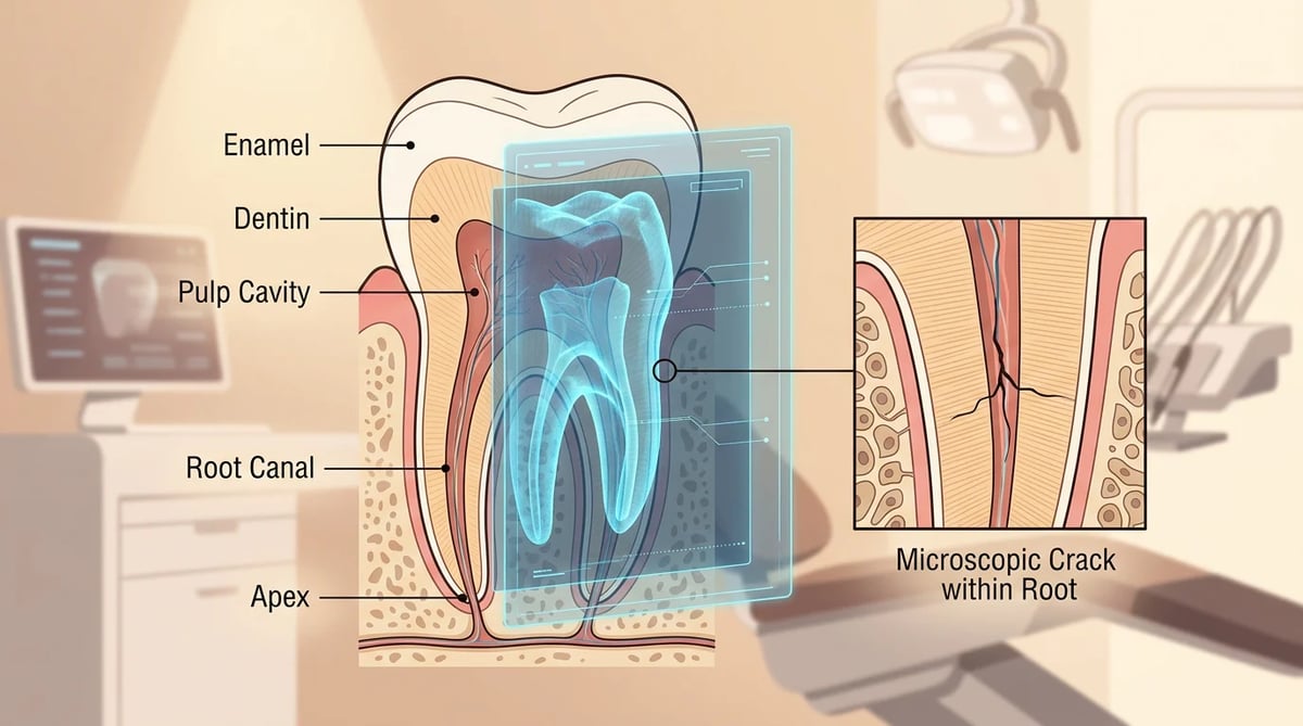 치아 뿌리와 염증을 보여주는 치과 CBCT 이미지와 미세현미경으로 본 미세 균열