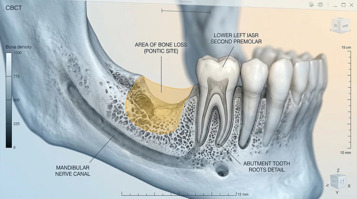 치과용 콘빔 CT(CBCT) 영상으로 치조골 흡수 정도와 치아 뿌리 상태를 보여주는 이미지